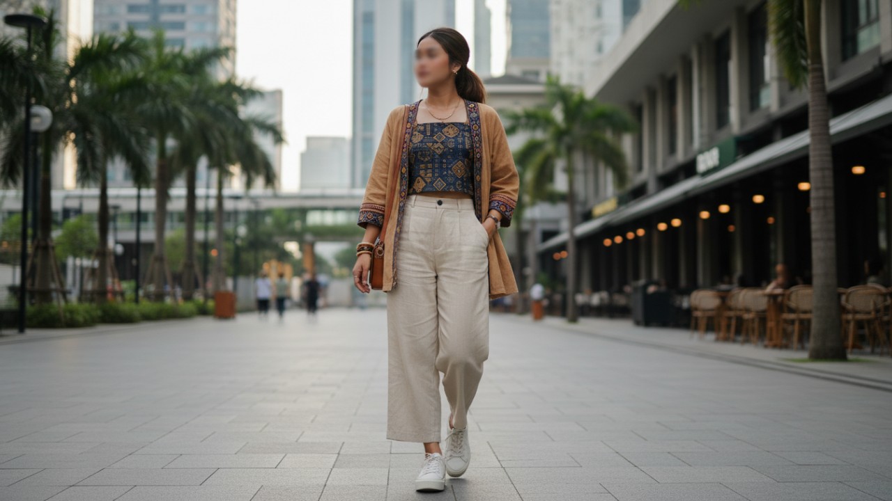 Tampilan kasual rapi dengan warna netral untuk aktivitas harian.