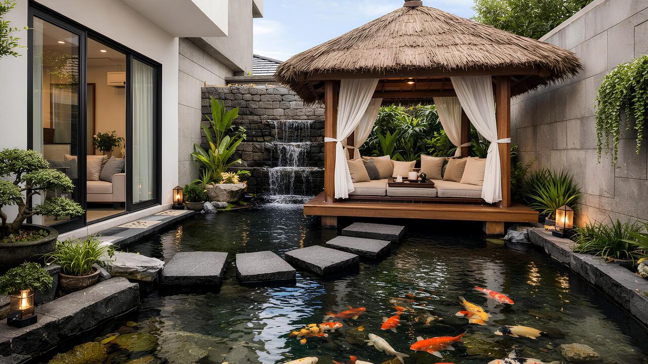 Kolam ikan dengan gazebo sebagai elemen visual utama rumah minimalis.