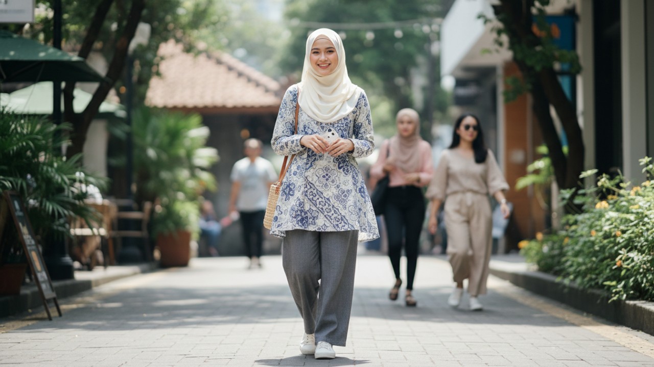 Ilustrasi gaya hijab harian dengan warna natural dan bahan adem.
