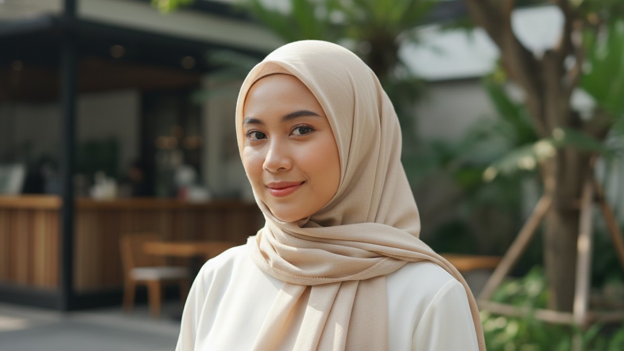 Tampilan hijab krem dipadukan outfit santai harian.