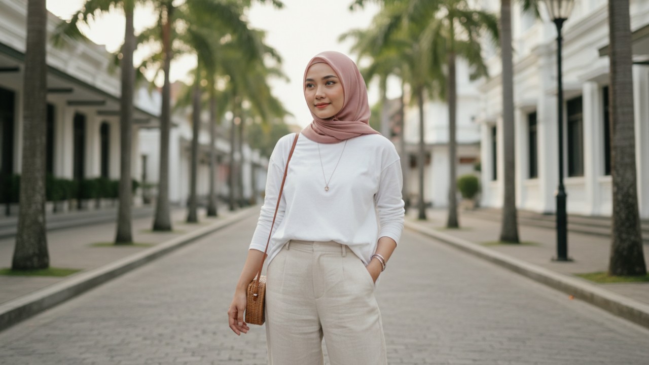 Kombinasi kaos polos dan kulot longgar untuk aktivitas ringan.