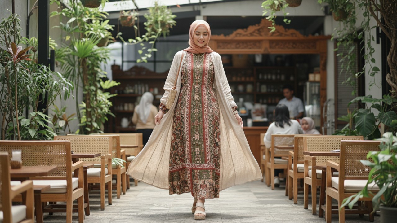 Maxi dress pastel dengan outer ringan untuk cuaca panas.