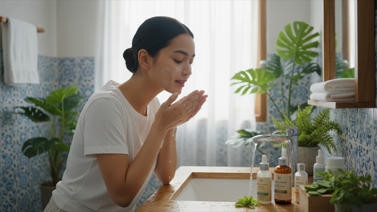 Aktivitas membersihkan wajah sesuai jenis kulit, Penggunaan serum dan pelembap dalam rutinitas harian.