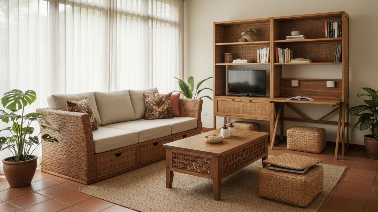 Furnitur multifungsi mendukung penataan ruang minimalis.