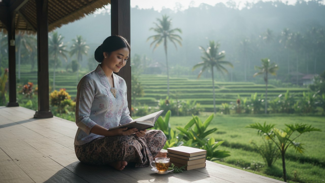 Ilustrasi seseorang membaca buku dengan suasana tenang dan pencahayaan nyaman.