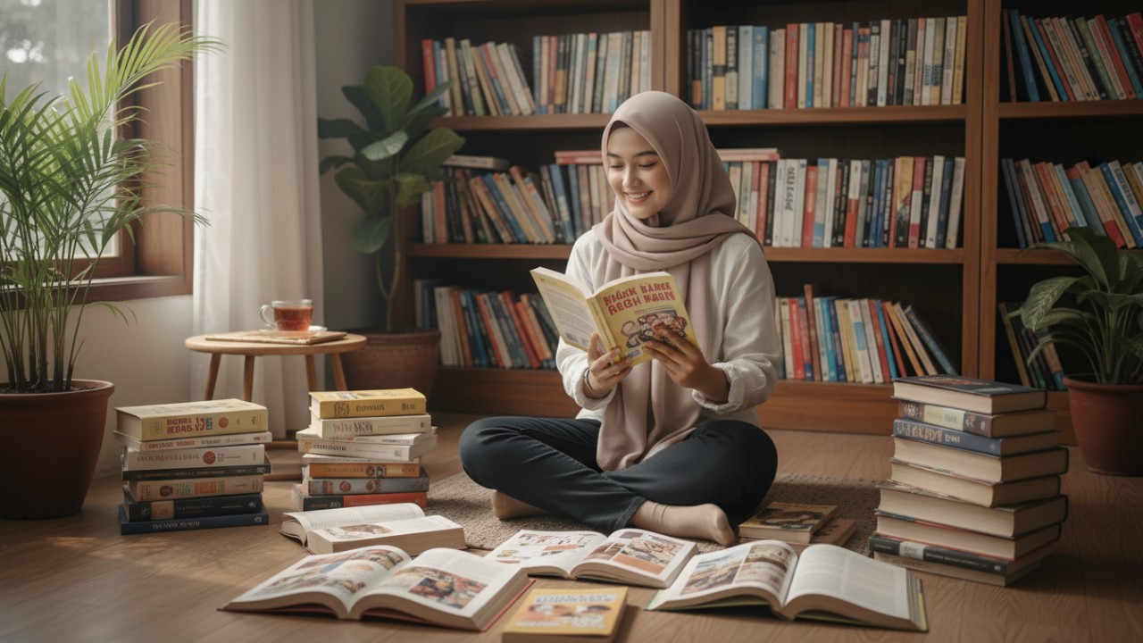 Aktivitas membaca buku di waktu pagi yang tenang.