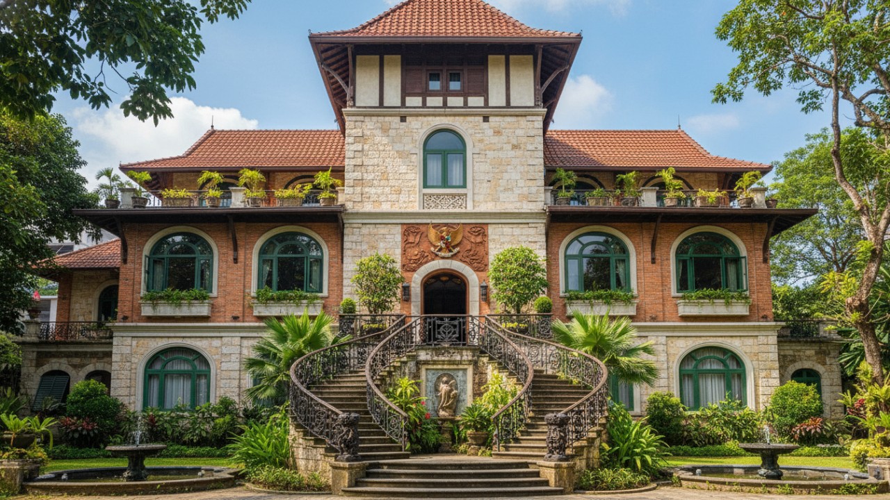 Rumah tinggi ala Eropa dengan tangga depan dan elevasi bangunan.
