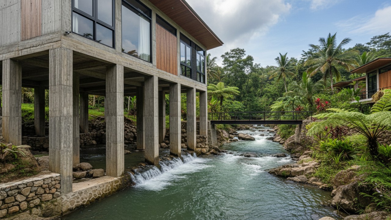 Rumah minimalis dengan pilar beton penahan aliran air.