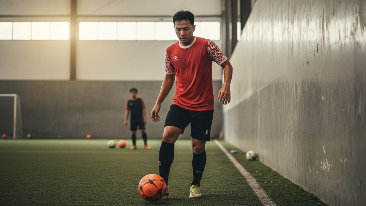 Pemain futsal melatih kontrol bola di lapangan.