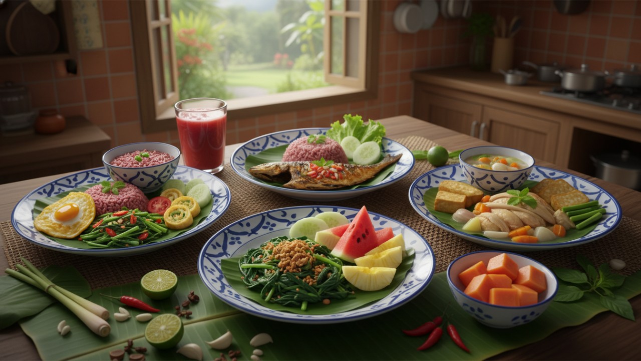 Ilustrasi menu diet sehat harian dengan bahan sederhana dan porsi seimbang