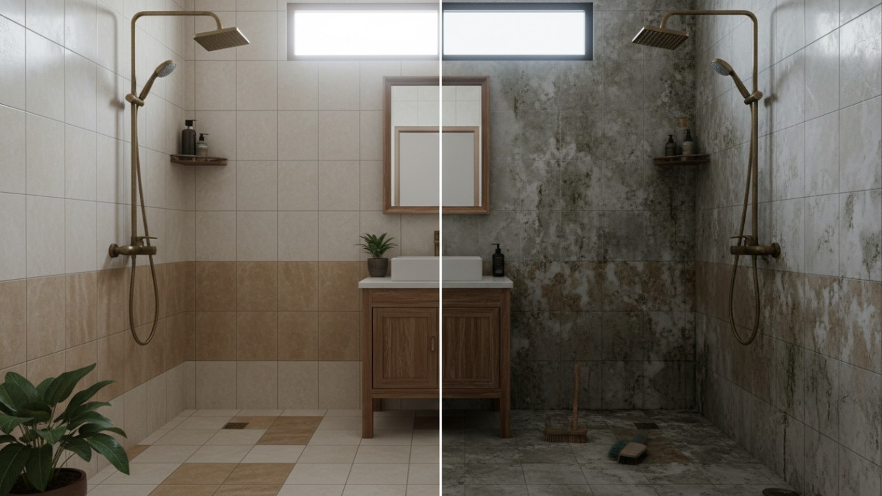 Ilustrasi kamar mandi dengan kerak di lantai dan dinding.