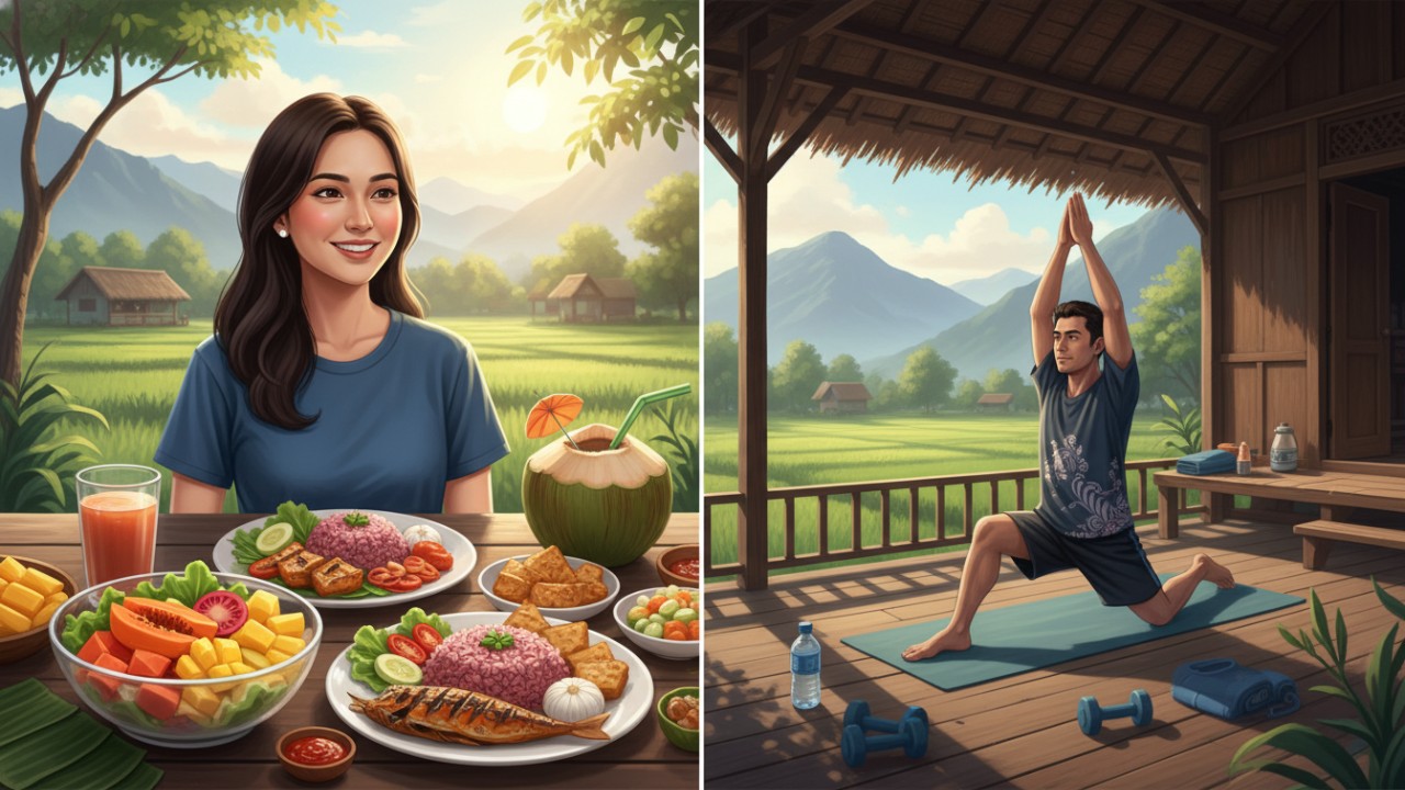 Ilustrasi gaya hidup sehat dengan pola makan seimbang dan aktivitas fisik teratur.