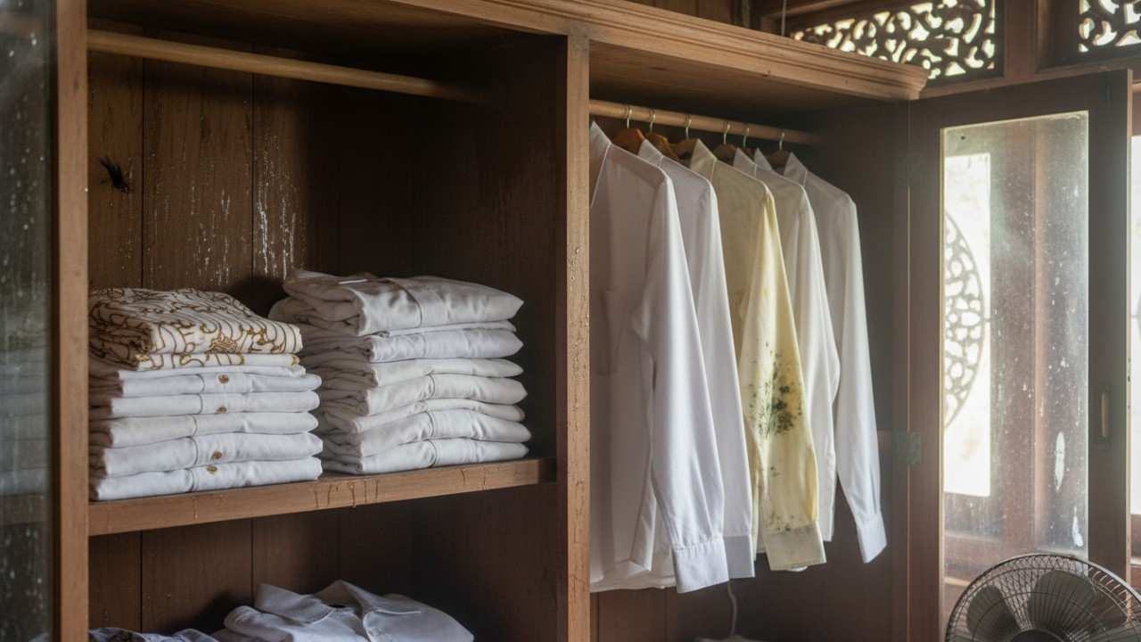 Proses pengolesan pasta baking soda dan cuka pada baju putih.