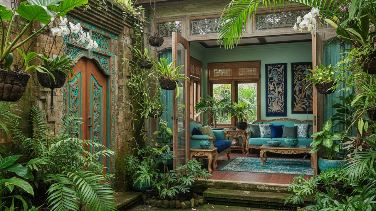 Tanaman rindang di sekitar dinding rumah.  Interior rumah dengan dominasi warna biru dan hijau.