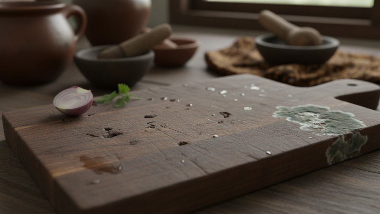 Talenan kayu bersih di dapur rumah dengan tampilan natural.