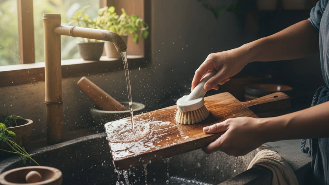 Proses menggosok talenan kayu memakai garam dan lemon.