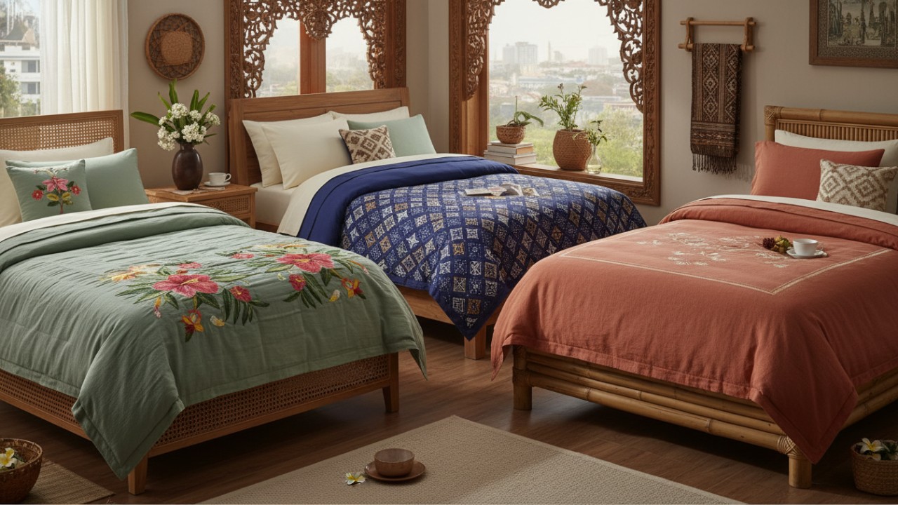 Ilustrasi bed cover lembut dengan desain menarik untuk kenyamanan tidur harian.
