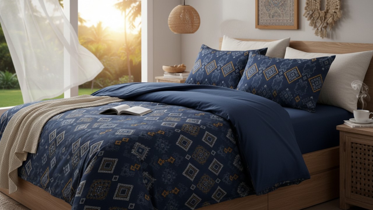 Tekstur halus Informa Bed Cover dengan tampilan rapi di kamar tidu