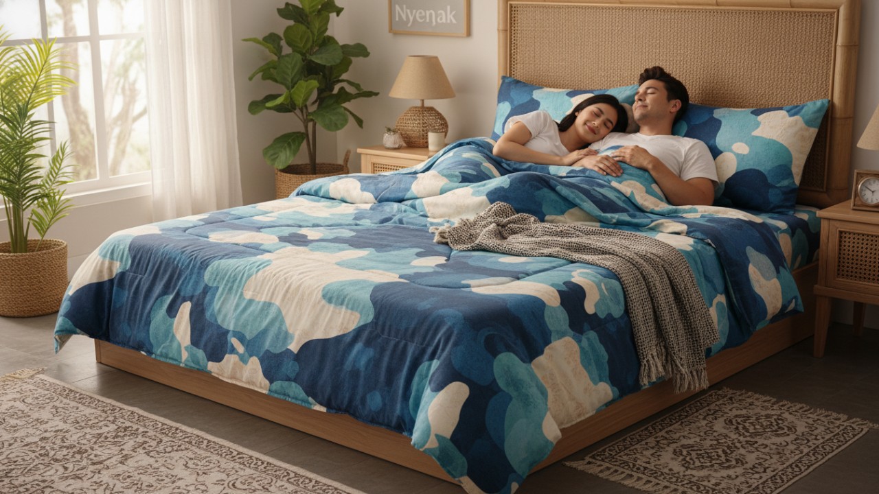 Nyenyak Bed Cover dengan printing 3D yang mempercantik suasana kamar.