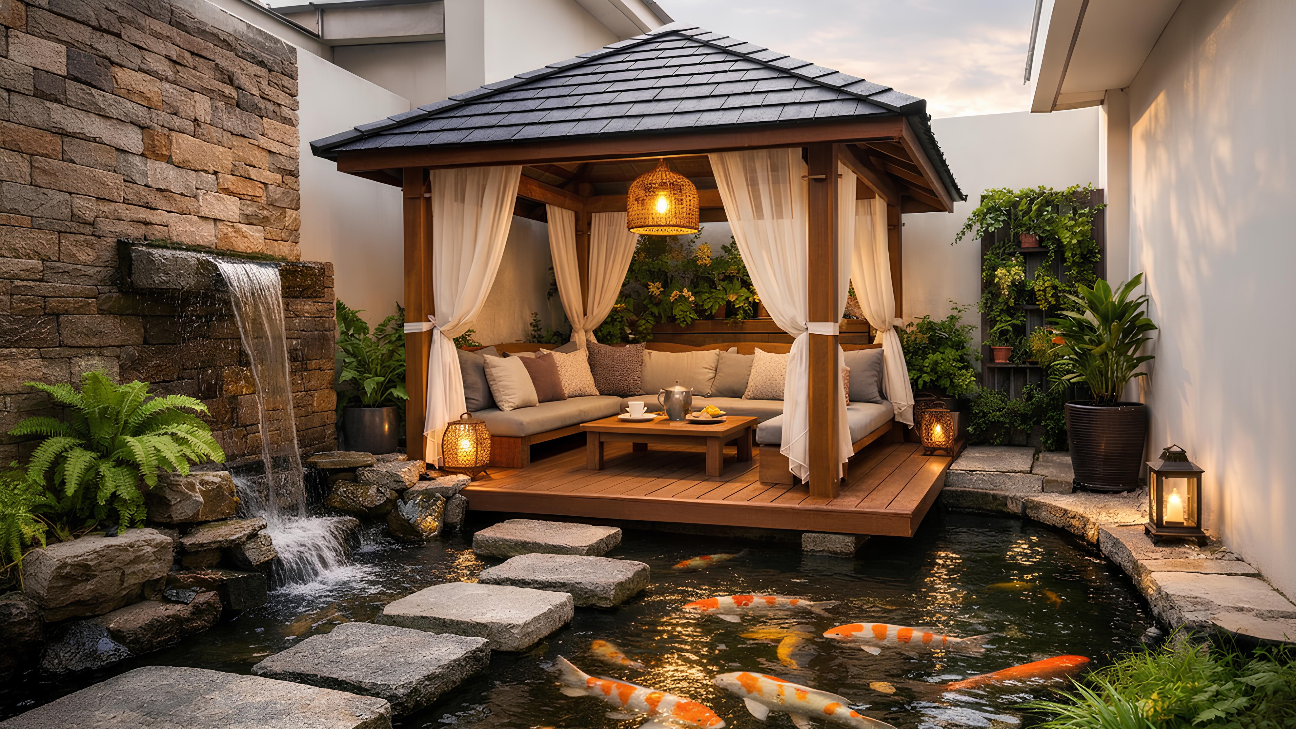 Kolam ikan dengan gazebo sebagai ruang aktif pengganti taman di lahan sempit rumah minimalis.