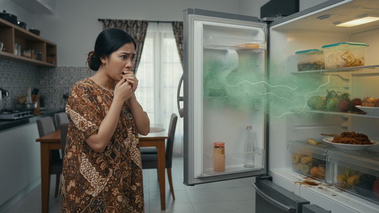 Tampilan kulkas rumah yang bersih dan tertata rapi.