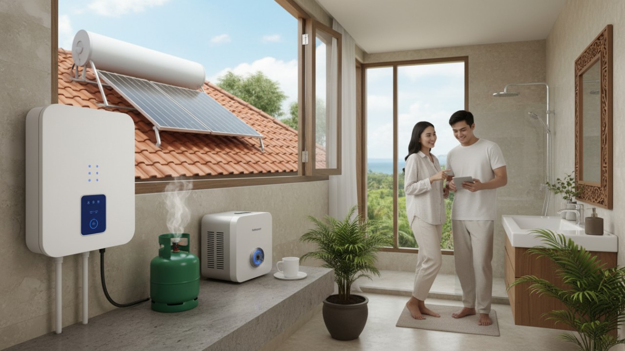 Ilustrasi pemanas air rumah tangga dengan sumber energi berbeda yang digunakan dalam aktivitas sehari-hari.
