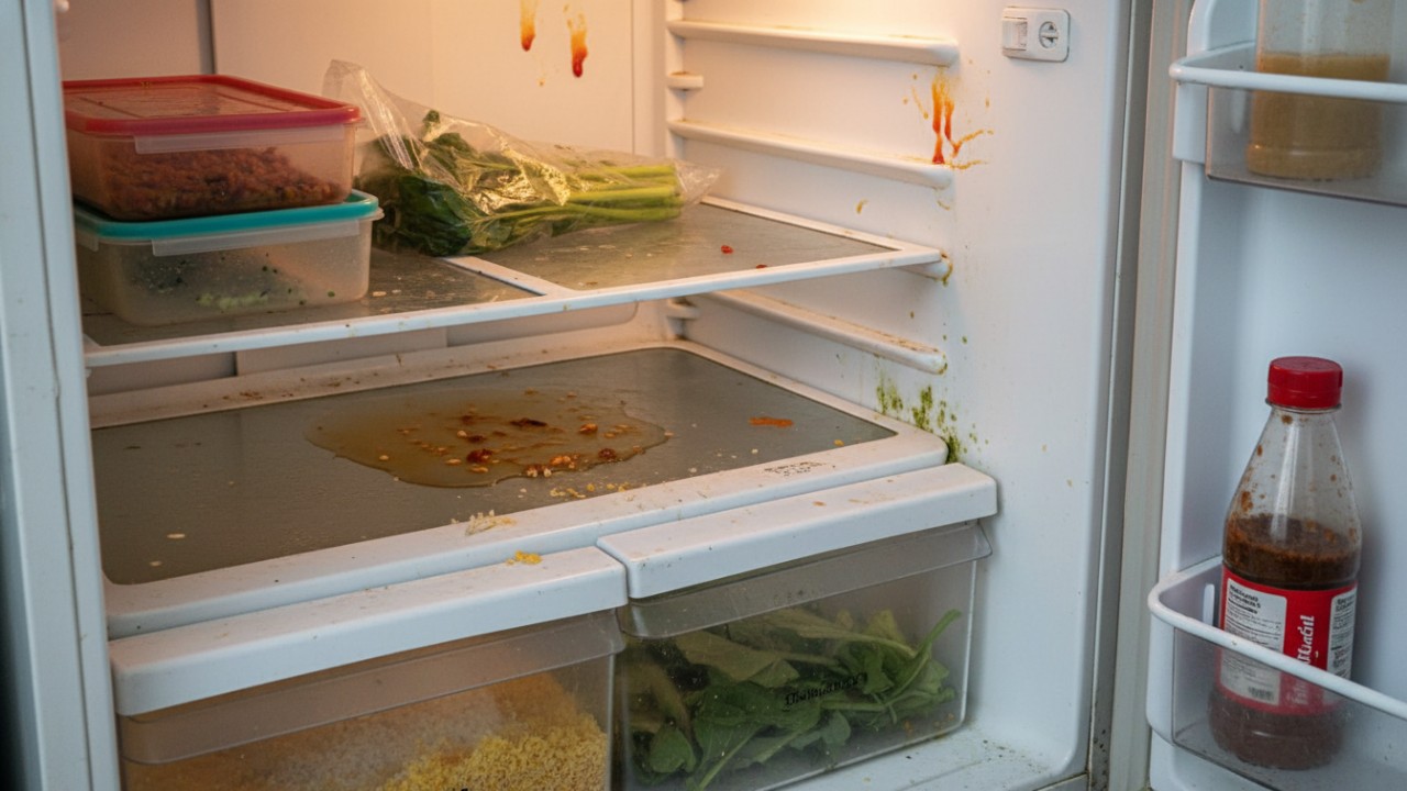 Rak kulkas dengan sisa makanan yang perlu dibersihkan.