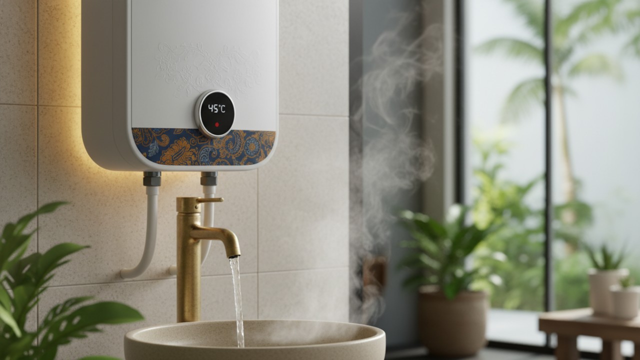 Pemanas air listrik digunakan di kamar mandi rumah.