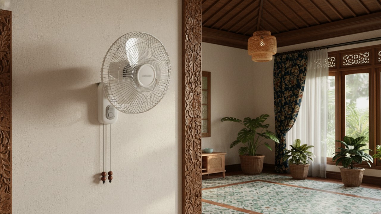Wall fan atau kipas angin dinding dipasang menempel secara permanen pada dinding ruangan