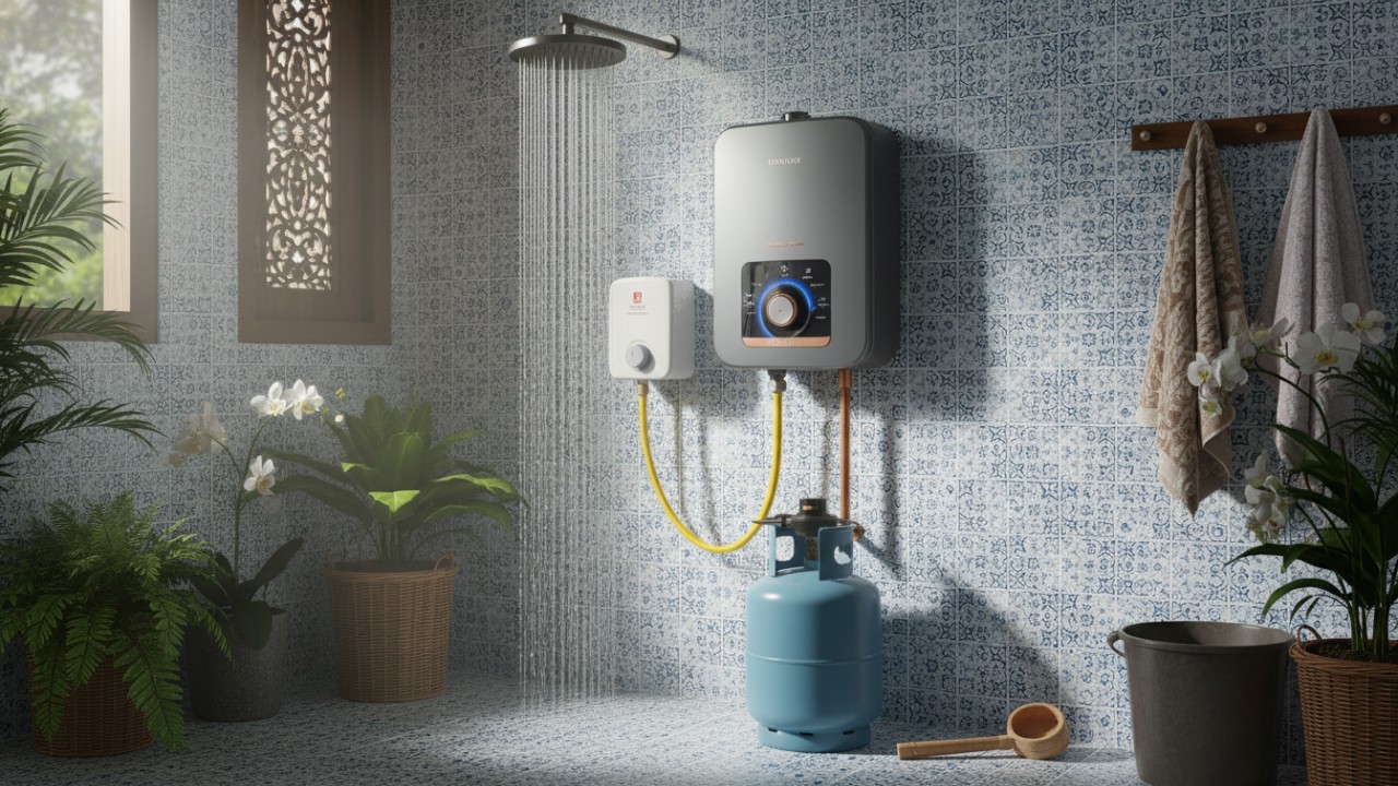 Pemanas air gas terpasang dengan sistem rumah tangga.