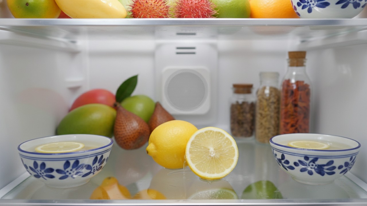 Air perasan lemon ditempatkan di sudut kulkas.