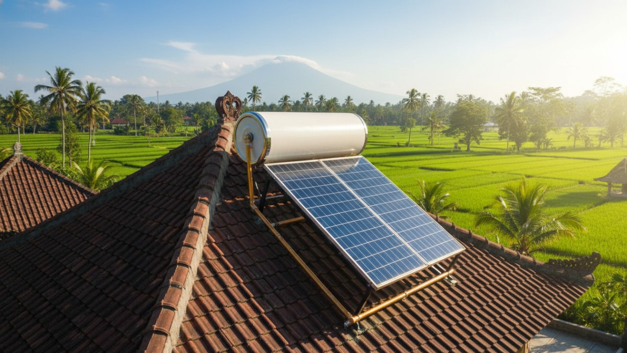 Pemanas air solar memanfaatkan sinar matahari.