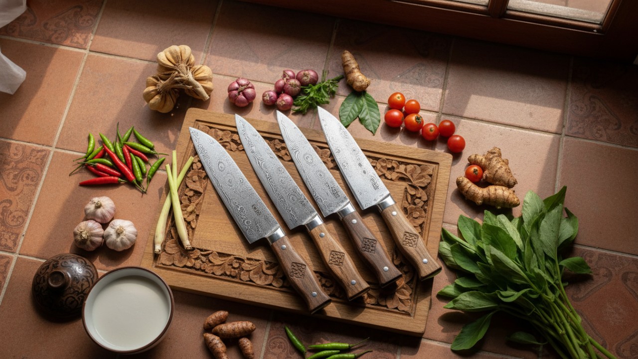 Ilustrasi set pisau dapur lengkap dengan desain ergonomis dan material baja tahan karat untuk aktivitas memasak rumahan.
