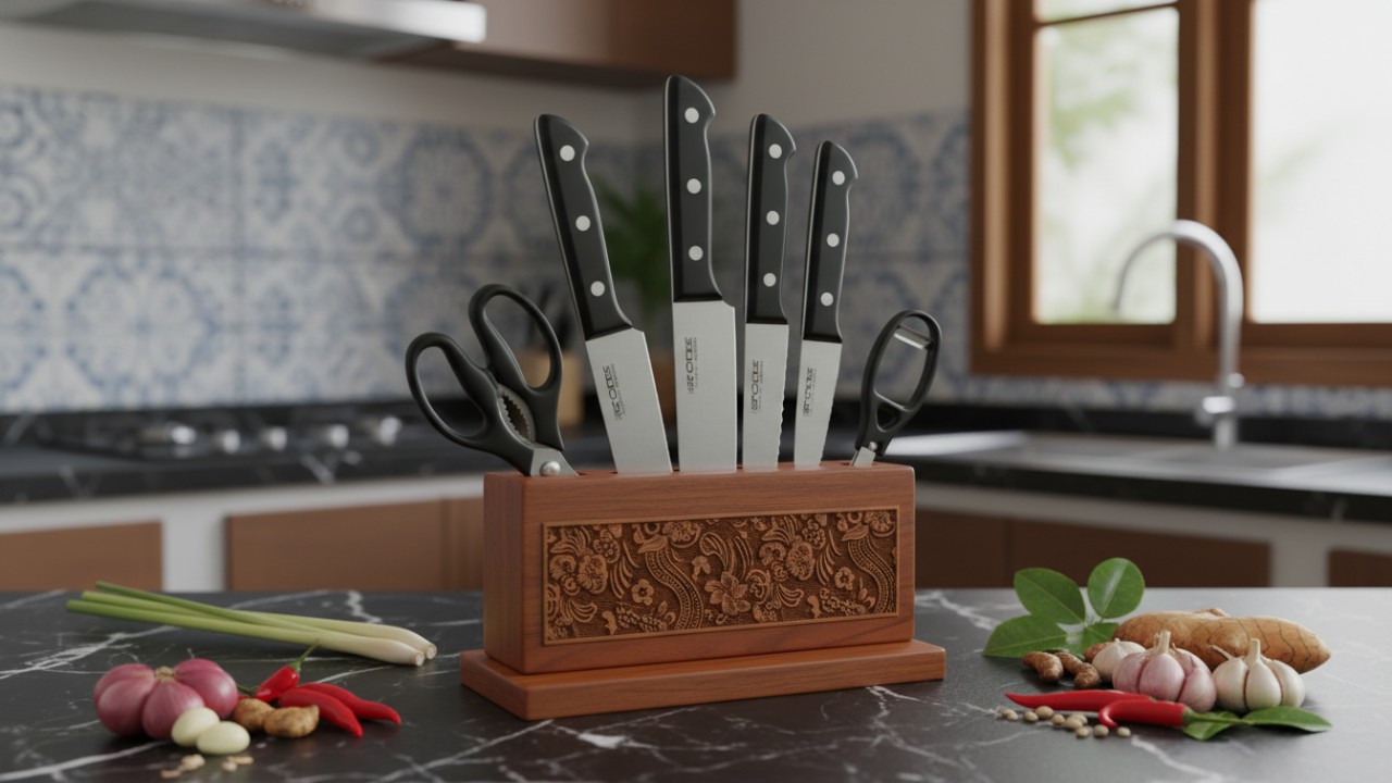 Tampilan BOLDe Super Set Pisau dengan holder rapi di dapur modern.