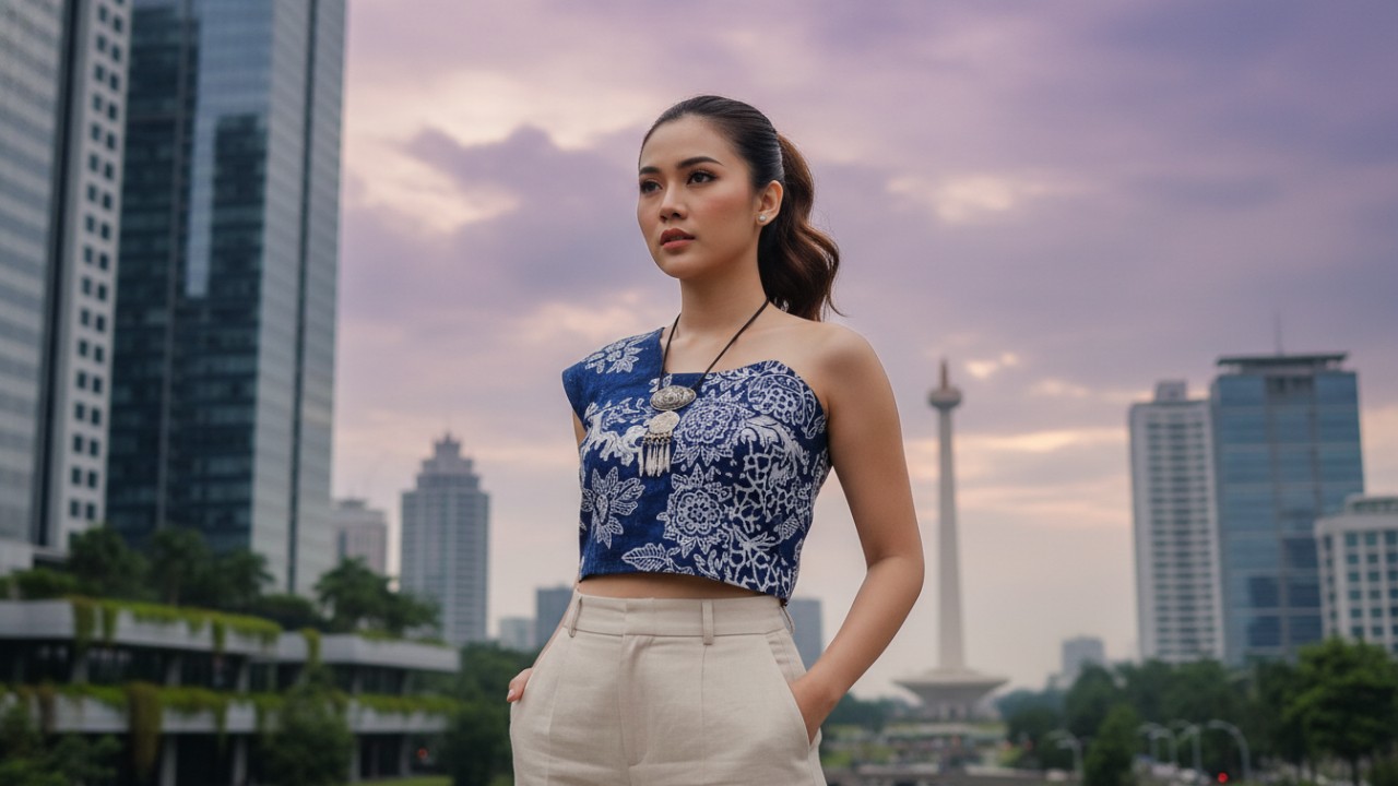 Crop top dengan celana high waist. modern