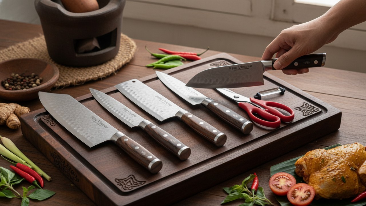 Pegangan ergonomis pisau dapur yang mendukung kenyamanan kerja.