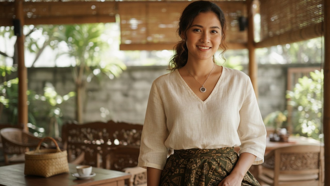 Atasan V-neck dengan padu padan sederhana.