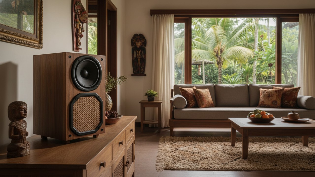 Speaker rumahan dengan desain kokoh mendukung kualitas suara optimal di ruang keluarga.