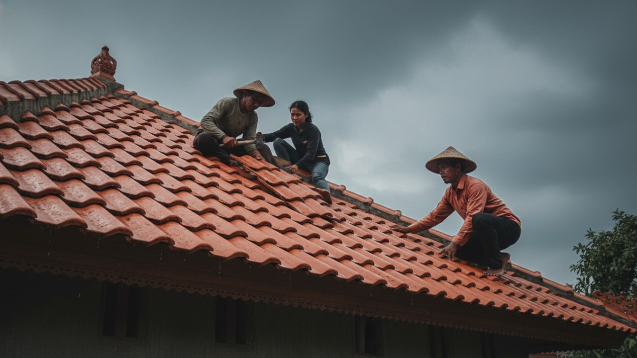 Proses penyusunan genteng dengan kemiringan yang sesuai.