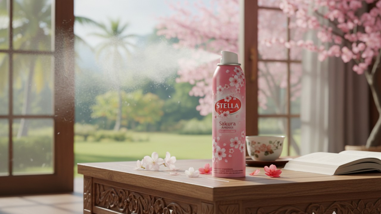 Tampilan Stella Sakura Aerosol dengan nuansa bunga sakura menenangkan.