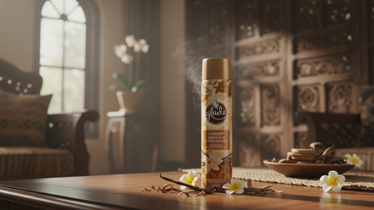 Glade Elegant Vanilla & Oud Wood dalam kemasan elegan siap digunakan.