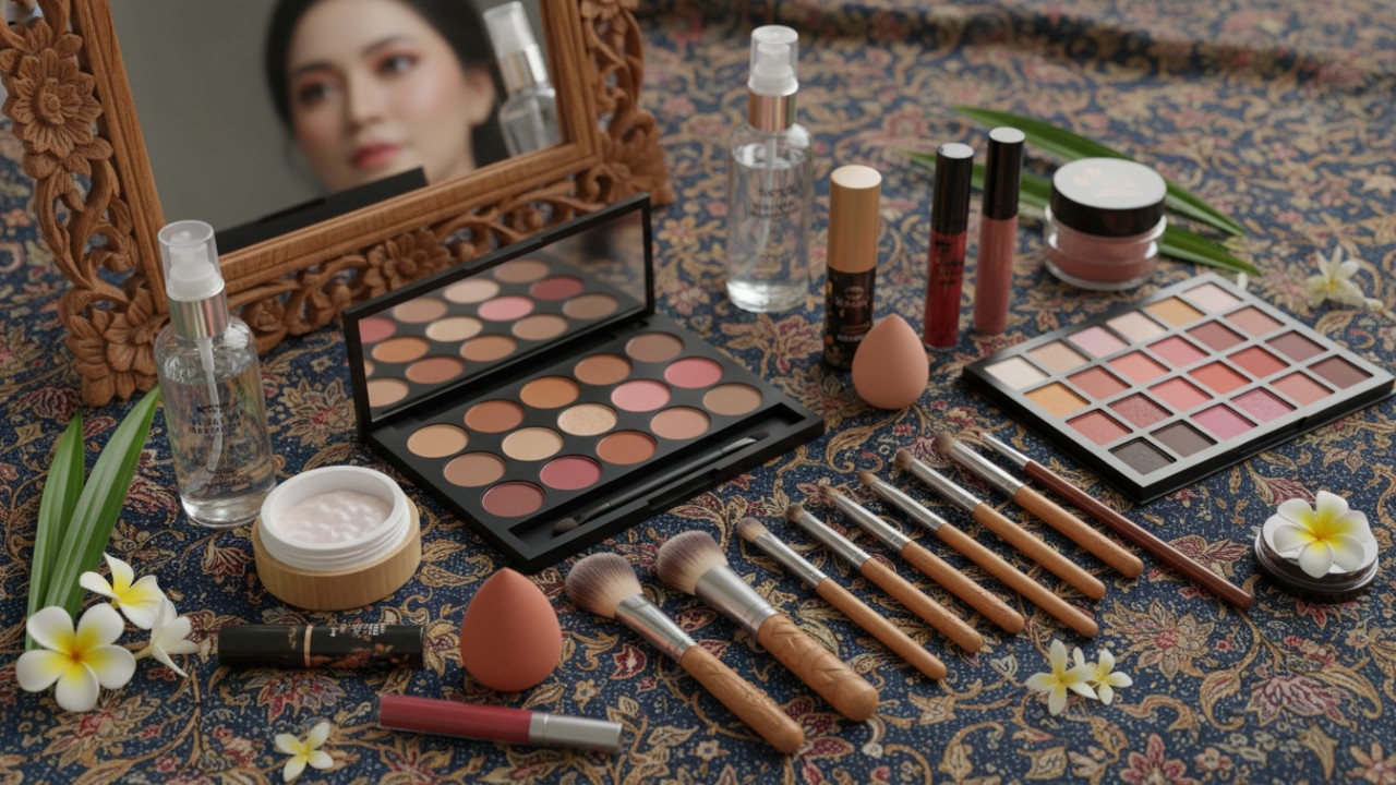 Ilustrasi perlengkapan makeup lengkap sebagai gambaran tahapan riasan wajah tahan lama.