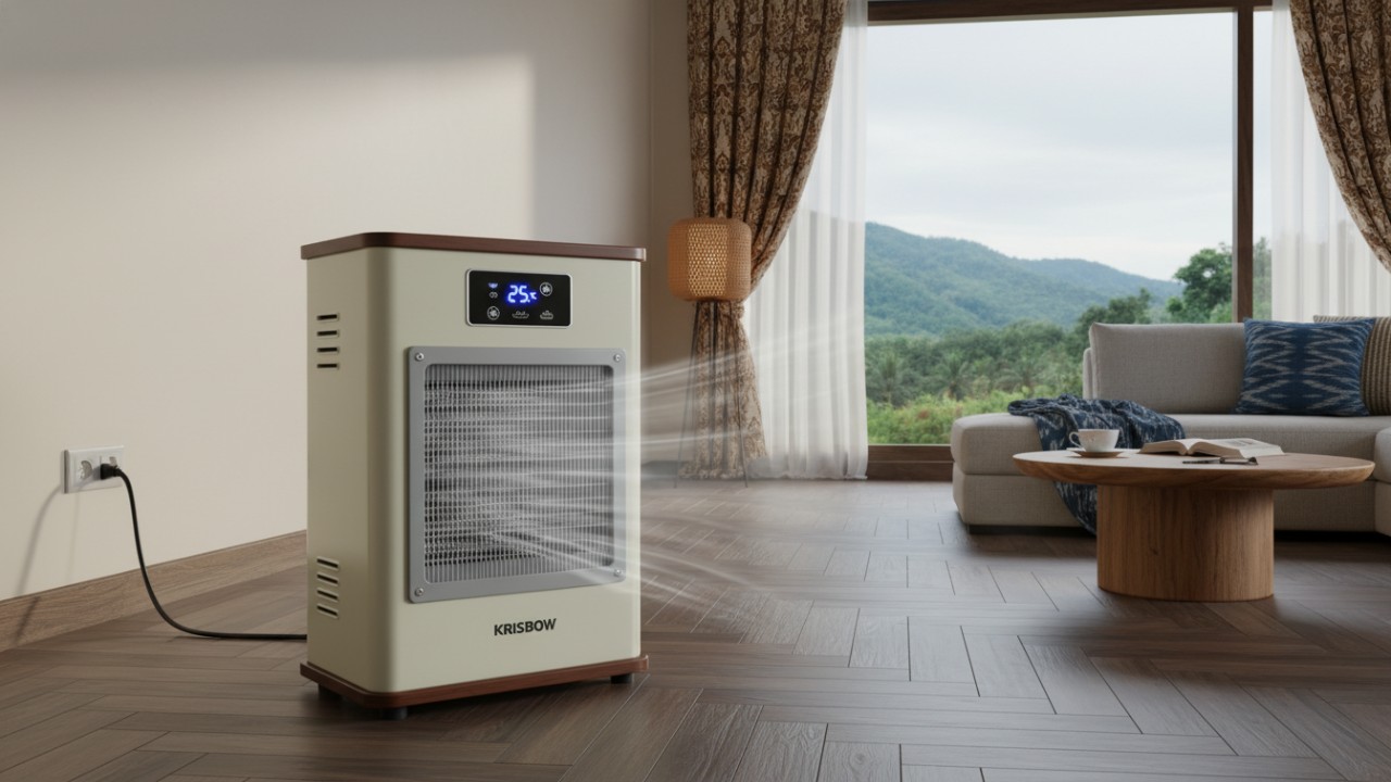 Kris Eco Heater dengan LED display suhu dan remote kontrol.
