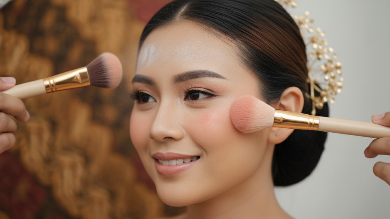Ilustrasi aplikasi powder dan blush pada pipi.  Ilustrasi pembentukan alis dan penggunaan lipstik.  Ilustrasi setting spray sebagai tahap akhir riasan.