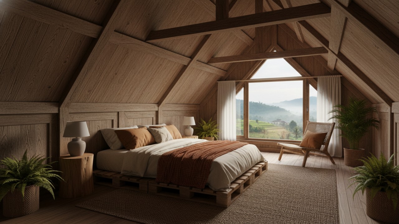 Kamar loteng bertema rustic dengan dominasi material kayu.