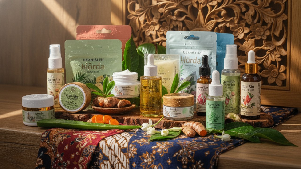 Ilustrasi berbagai produk skincare sebagai gambaran pemilihan perawatan kulit.