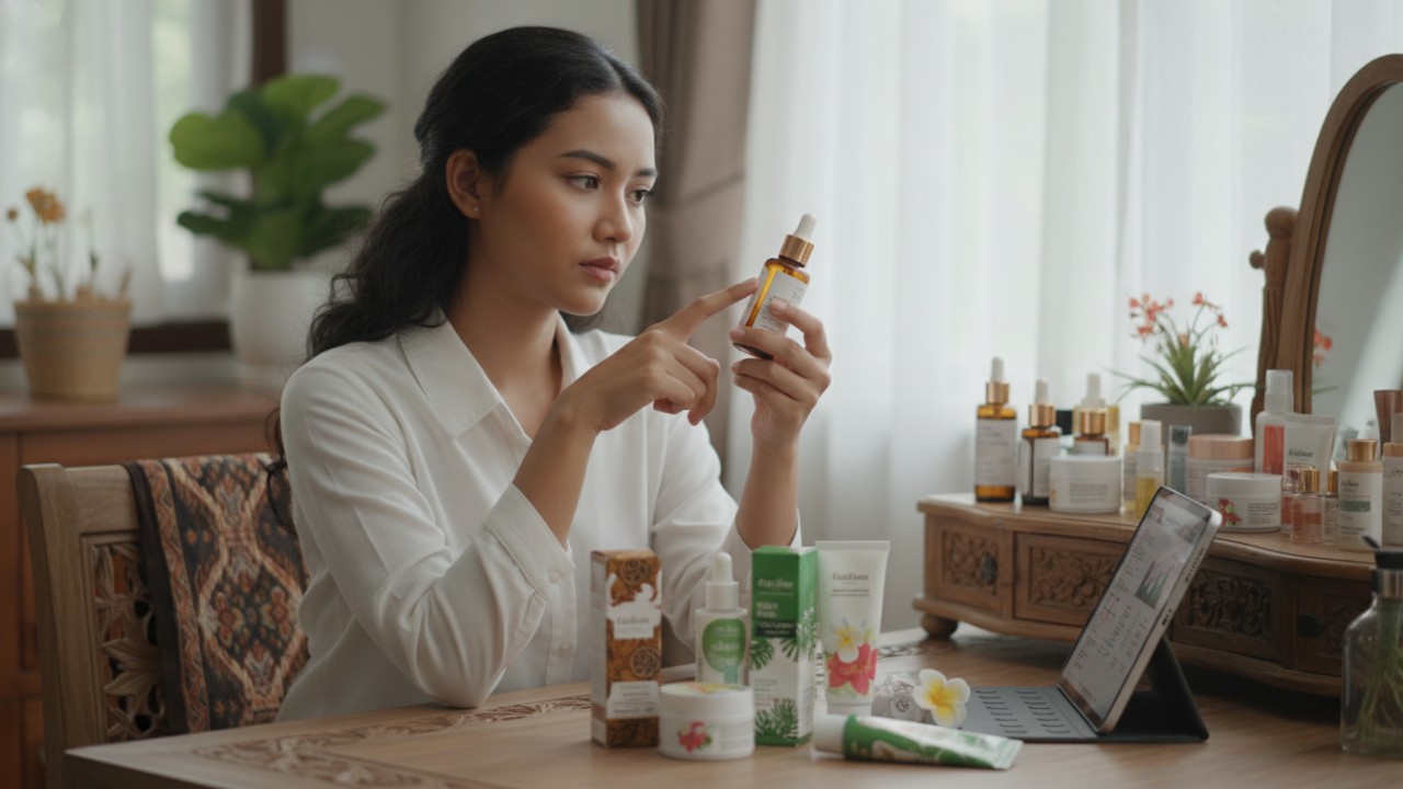 Ilustrasi membaca label dan kandungan produk skincare.