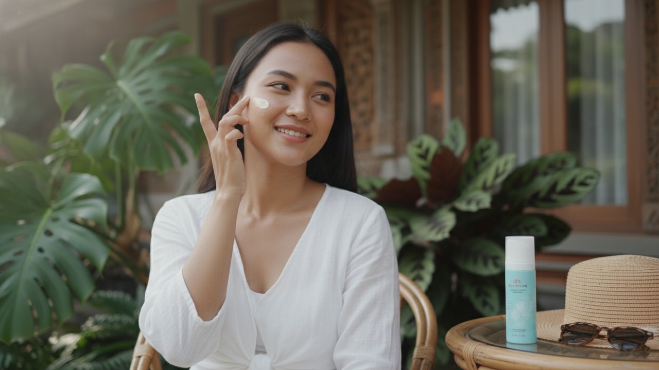 Ilustrasi penggunaan skincare dengan kandungan SPF.  Ilustrasi rutinitas skincare yang disesuaikan dengan budget.