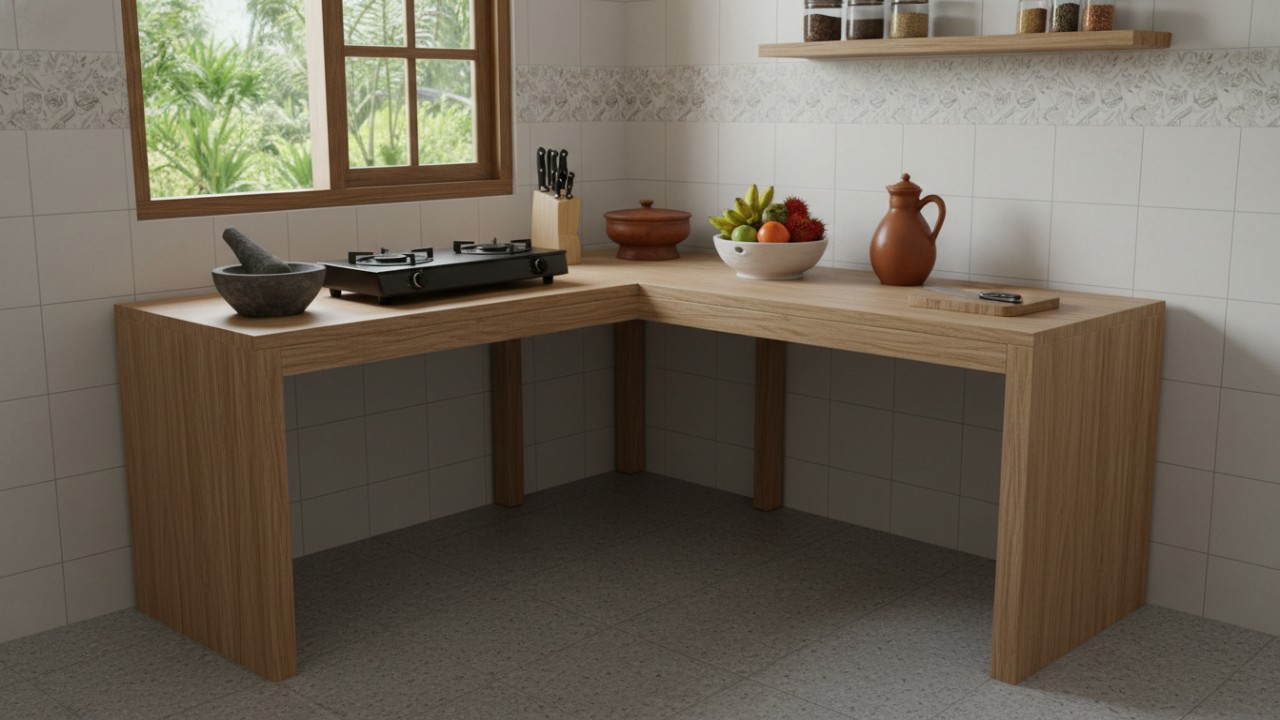 Meja dapur minimalis membantu menciptakan ruang yang tertata tanpa membuat dapur terasa penuh.