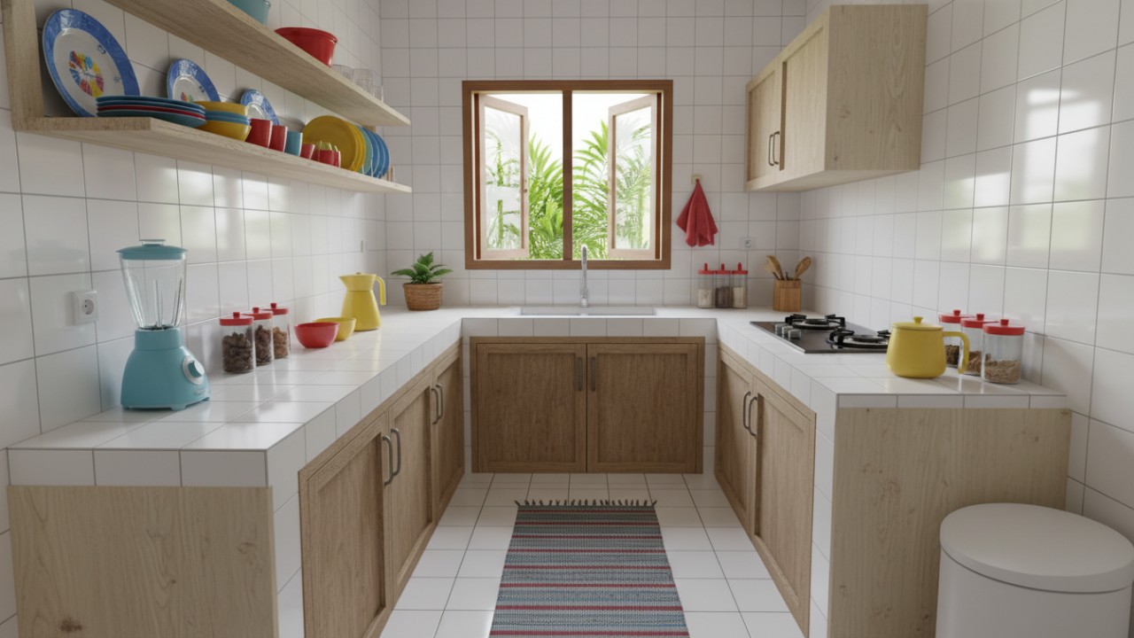 Aksesoris warna cerah pada meja dapur minimalis